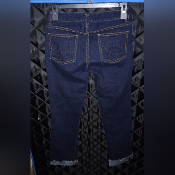 Tory Burch Women's Blue Denim Dark Wash Cuffed Straight Leg Jeans Size 25 - Picture 3 of 12